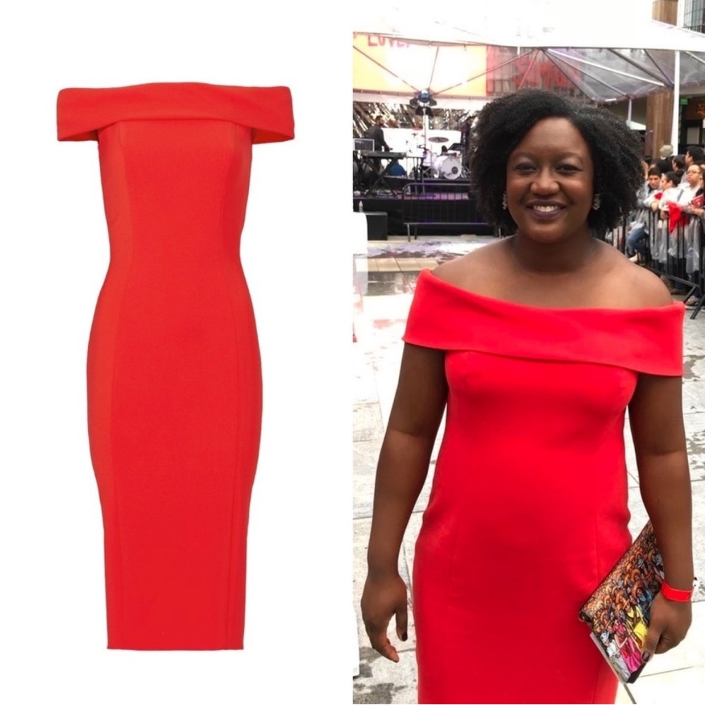 THEIA Red Stretch Crepe Off Shoulder Sleeveless Cocktail Sheath Dress 18 derby